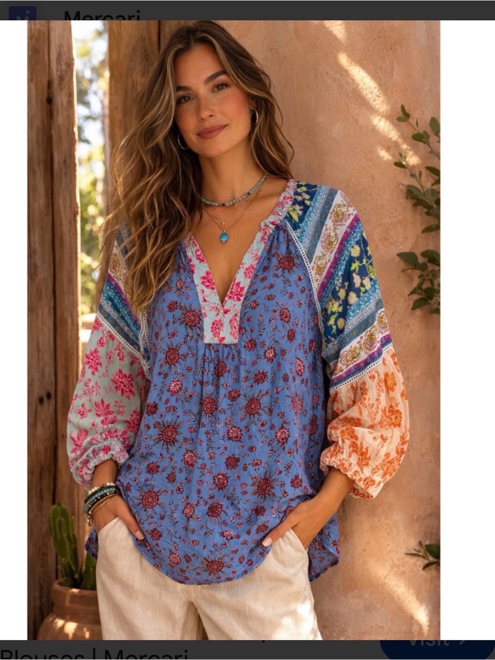 New Sundance Boho Floral Mixed print peasant Top Sz M